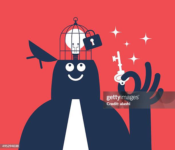 businessman holding key, open head with idea bulb in birdcage - opening head silhouette stock illustrations