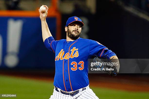 Matt Harvey of the New York Mets throws a pitch in the first inning against the Kansas City Royals during Game Five of the 2015 World Series at Citi...