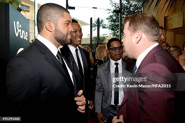 Actors O'Shea Jackson Jr., Corey Hawkins, Jason Mitchell, and James Corden attend the 19th Annual Hollywood Film Awards at The Beverly Hilton Hotel...