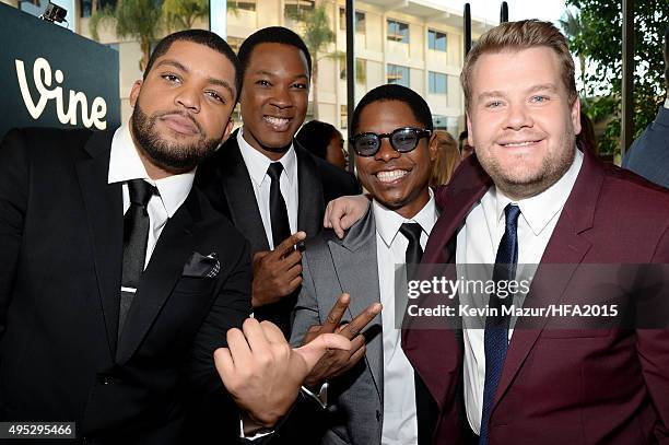 Actors O'Shea Jackson Jr., Corey Hawkins, Jason Mitchell, and James Corden attend the 19th Annual Hollywood Film Awards at The Beverly Hilton Hotel...