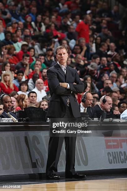 Head coach Fred Hoiberg of the Chicago Bulls looks on against the Orlando Magic on November 1, 2015 at the United Center in Chicago, Illinois. NOTE...