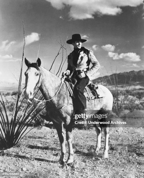 Western movie star Gary Cooper in a promotional photo for the film, 'The Westerner,' Hollywood, California, 1940.