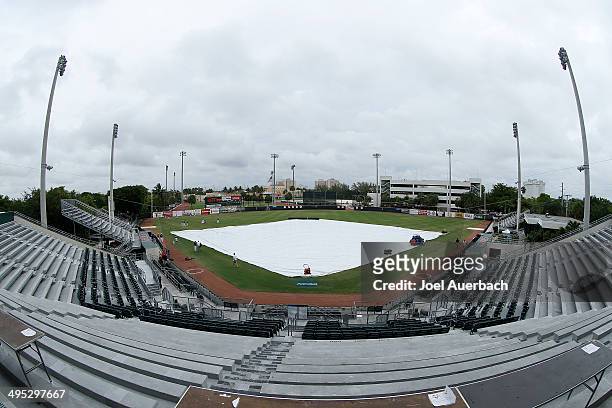 General view of Mark Light Field prior to resumption of the game between the Miami Hurricanes and the Texas Tech Red Raiders during the Coral Gables...