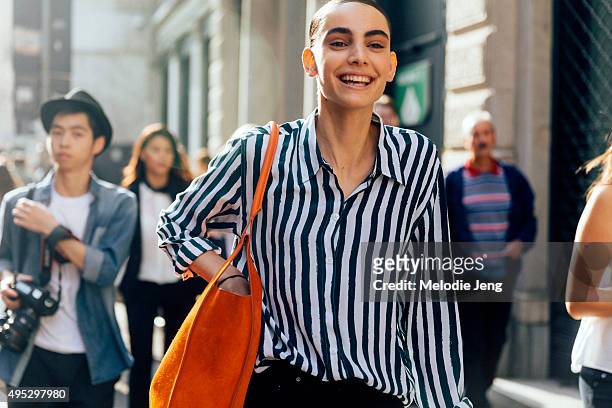 Dutch model Romy Shonberger exits the Salvatore Ferragamo show during the Milan Fashion Week Spring/Summer 16 on September 27, 2015 in Milan, Italy....