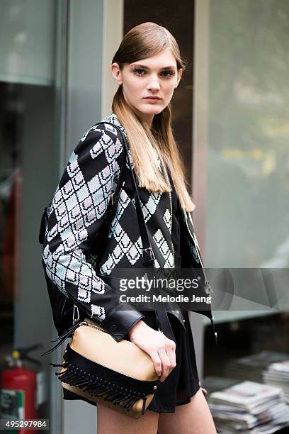 Ukrainian model Nastya Abramova exits the Marni show during the Milan Fashion Week Spring/Summer 16 on September 27, 2015 in Milan, Italy. Nastya...