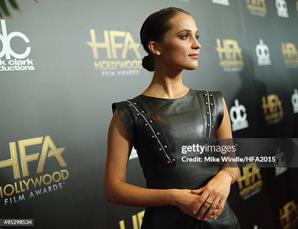 Actress Alicia Vikander poses in the press room during the 19th Annual Hollywood Film Awards at The Beverly Hilton Hotel on November 1, 2015 in...