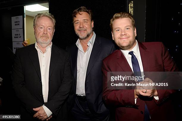 Director Ridley Scott, actor Russell Crowe and tv personality James Corden attend the 19th Annual Hollywood Film Awards at The Beverly Hilton Hotel...