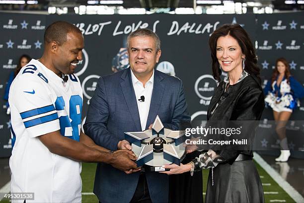 Darren Woodson, Ricardo Guadalupe and Charlotte Jones Anderson unveil the Hublot Big Bang Dallas Cowboys timepieces at AT&T Stadium on November 1,...