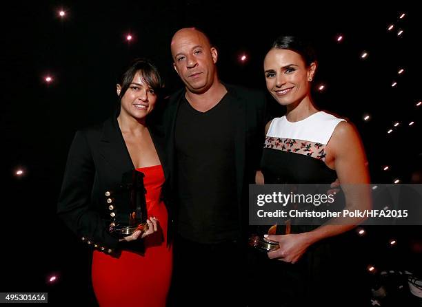 Actors Michelle Rodriguez, Vin Diesel and Jordana Brewster pose with the Hollywood Blockbuster Award for 'Furious 7' during the 19th Annual Hollywood...