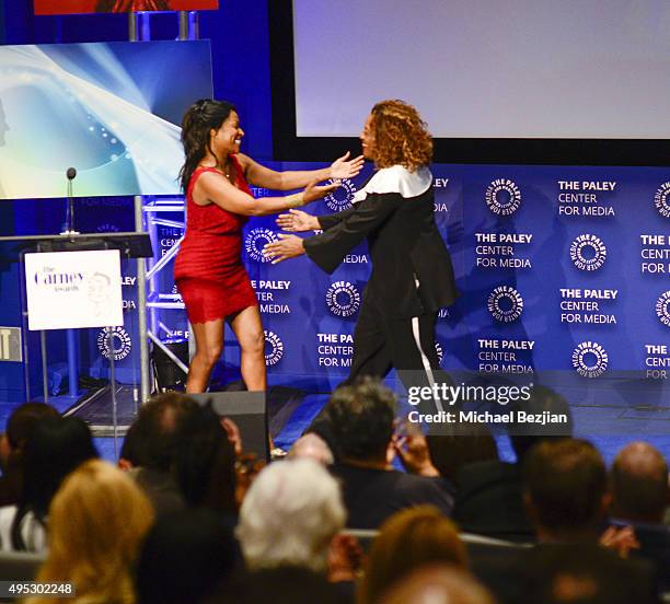 Kellita Smith and CCH Pounder embrace on stage at Carney Awards Honors Character Actors at The Paley Center for Media on November 1, 2015 in Beverly...