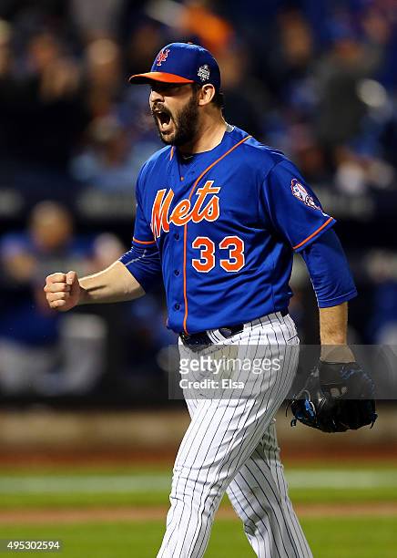 Matt Harvey of the New York Mets reacts after retiring the side in the seventh inning against the Kansas City Royals during Game Five of the 2015...