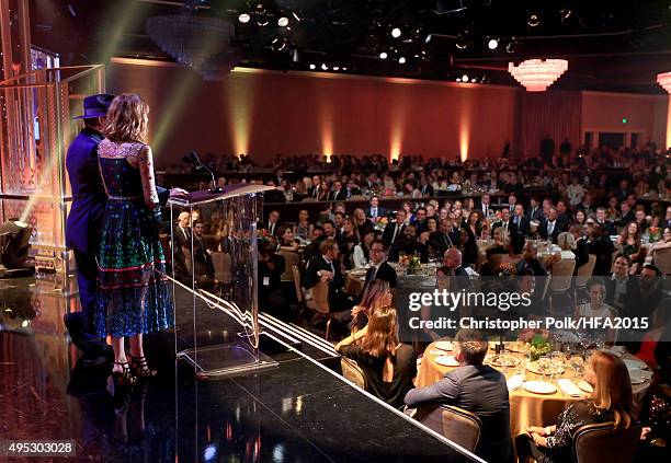 Actors Dakota Johnson and Johnny Depp speak onstage during the 19th Annual Hollywood Film Awards at The Beverly Hilton Hotel on November 1, 2015 in...