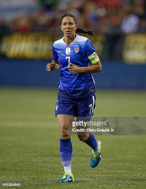 Shannon Boxx of the United States follows the play against Brazil at CenturyLink Field on October 21, 2015 in Seattle, Washington. Boxx retired from...