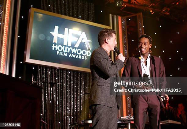 Hollywood Song Award honorees Charlie Puth and Wiz Khalifa speak onstage at the 19th Annual Hollywood Film Awards at The Beverly Hilton Hotel on...