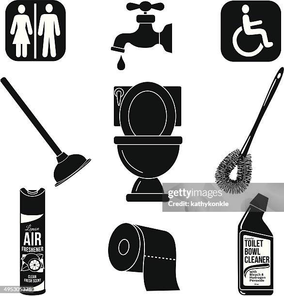 ilustraciones, imágenes clip art, dibujos animados e iconos de stock de bathrom conjunto de iconos en blanco y negro - escobilla de baño