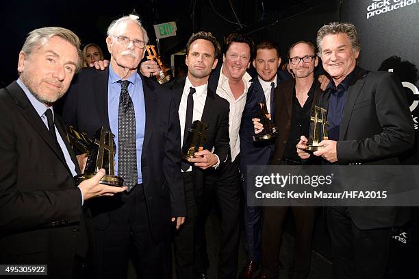Actors Tim Roth, Bruce Dern, Walton Goggins, Michael Madsen, Channing Tatum, James Parks and Kurt Russell pose with the Hollywood Ensemble Award for...