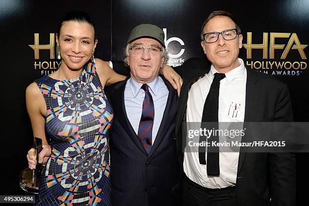 Actors Drena De Niro and Robert De Niro and director David O. Russell pose with the Hollywood Career Achievement Award during the 19th Annual...