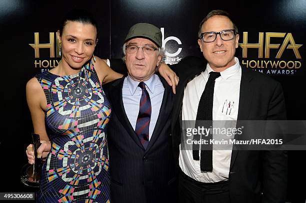 Actors Drena De Niro and Robert De Niro and director David O. Russell pose with the Hollywood Career Achievement Award during the 19th Annual...