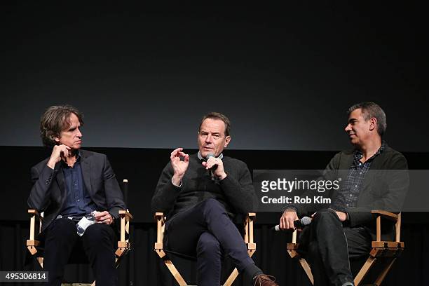 Director Jay Roach, actor Bryan Cranston and producer Michael London attend a panel following the official Academy Screening of TRUMBO hosted by The...