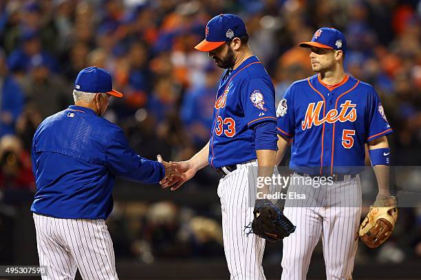 Matt Harvey of the New York Mets is relieved in the ninth inning against the Kansas City Royals during Game Five of the 2015 World Series at Citi...