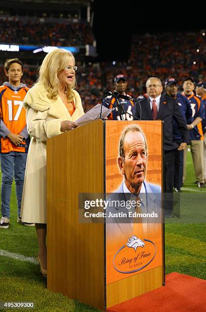 Annabel Bowlen, wife of Denver Broncos owner Pat Bowlen, speaks on behalf of her husband in honor of his induction as the 28th member of the Denver...