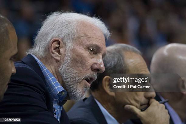 Coach Gregg Popovich of the San Antonio Spurs during the fourth quarter of a NBA game at the Chesapeake Energy Center on October 28, 2015 in Oklahoma...