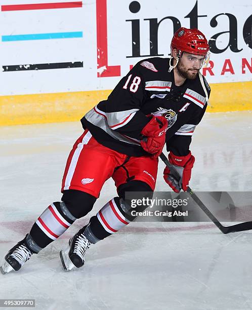 Brian Lashoff of the Grand Rapids Griffins takes warmup prior to a game against the Toronto Marlies on October 30, 2015 at Ricoh Coliseum in Toronto,...
