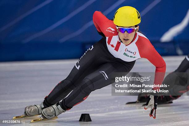 Valerie Maltais of Canada competes on Day 2 of the ISU World Cup Short Track Speed Skating competition at Maurice-Richard Arena on November 1, 2015...
