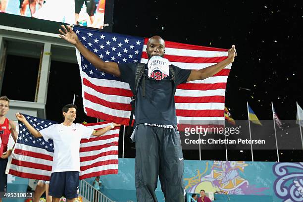 LaShawn Merritt of the United States celebrates following the conclusion of day two of the IAAF World Relays at the Thomas Robinson Stadium on May...
