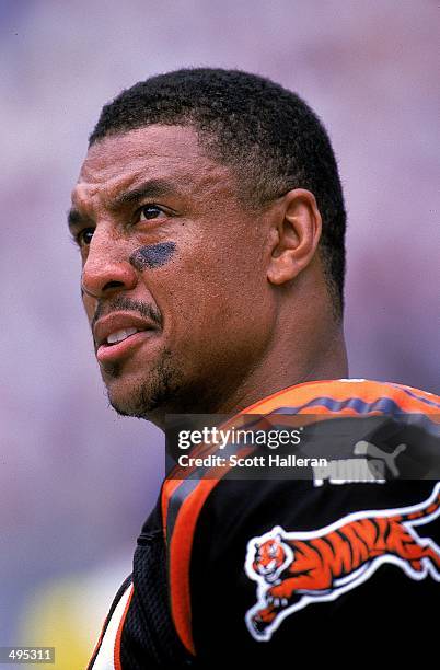 Close up of Carl Pickens of the Cincinnati Bengals as he looks on from the sideline during the game against the Carolina Panthers at the Ericson...