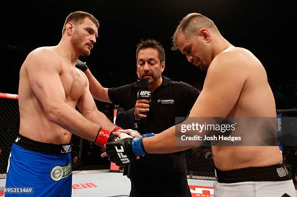 Opponents Stipe Miocic and Fabio Maldonado shake hands before their heavyweight fight during the UFC Fight Night event at the Ginasio do Ibirapuera...