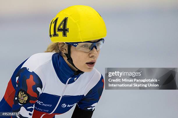 Tatyana Borodulina of Russia looks on during Day 2 of the ISU World Cup Short Track Speed Skating competition at Maurice-Richard Arena on November 1,...