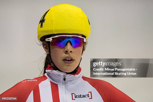 Valerie Maltais of Canada looks on during Day 2 of the ISU World Cup Short Track Speed Skating competition at Maurice-Richard Arena on November 1,...