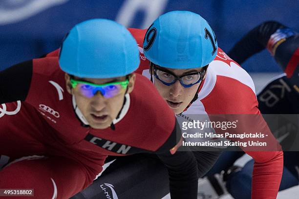 Alexander Fathoullin of Canada remains focused as he competes on Day 2 of the ISU World Cup Short Track Speed Skating competition at Maurice-Richard...