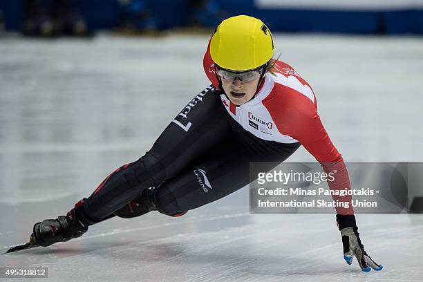 Kim Boutin of Canada competes on Day 2 of the ISU World Cup Short Track Speed Skating competition at Maurice-Richard Arena on November 1, 2015 in...