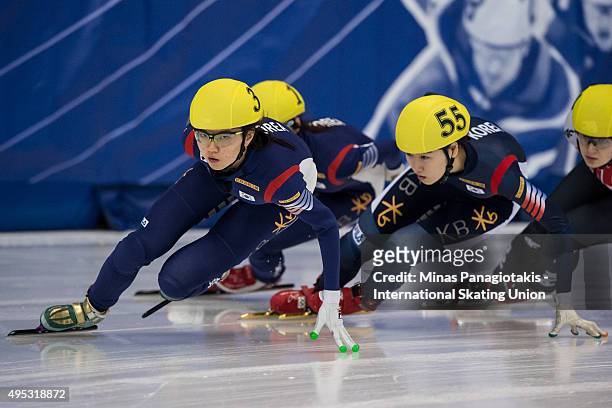Suk Hee Shim of Korea competes on Day 2 of the ISU World Cup Short Track Speed Skating competition at Maurice-Richard Arena on November 1, 2015 in...
