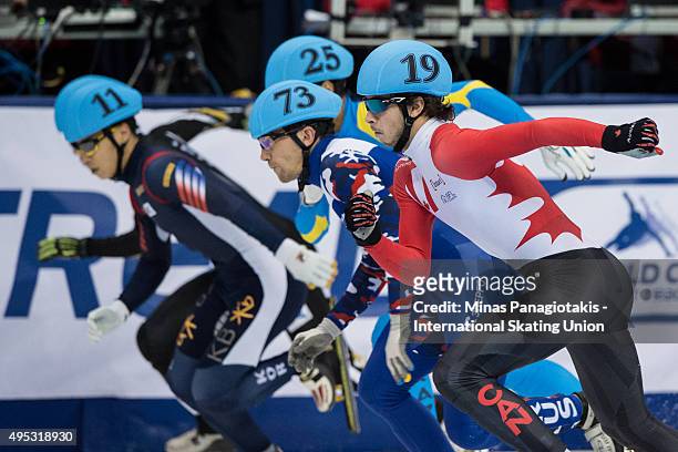 Samuel Girard of Canada competes on Day 2 of the ISU World Cup Short Track Speed Skating competition at Maurice-Richard Arena on November 1, 2015 in...