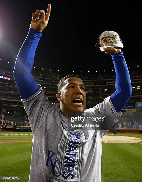 Salvador Perez of the Kansas City Royals celebrates defeating the New York Mets in Game Five of the 2015 World Series at Citi Field on November 1,...