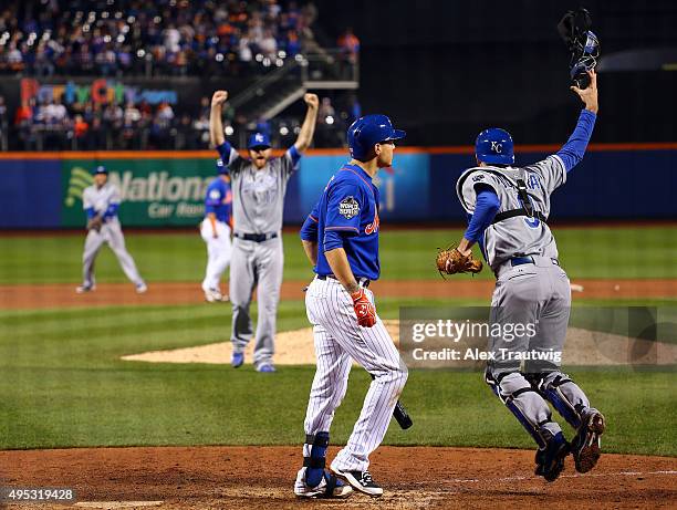 Drew Butera and Wade Davis of the Kansas City Royals celebrate the final out to defeat the New York Mets in Game 5 of the 2015 World Series at Citi...