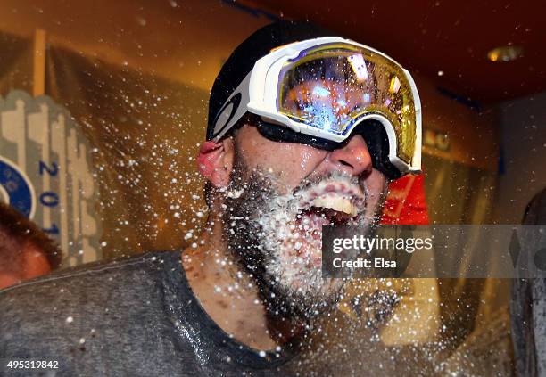 Eric Hosmer of the Kansas City Royals celebrates in the clubhouse after defeating the New York Mets to win Game Five of the 2015 World Series at Citi...