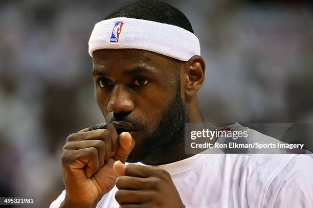 LeBron James of the Miami Heat looks on prior to Game Six of the Eastern Conference Finals of the 2014 NBA Playoffs against the Indiana Pacers at...