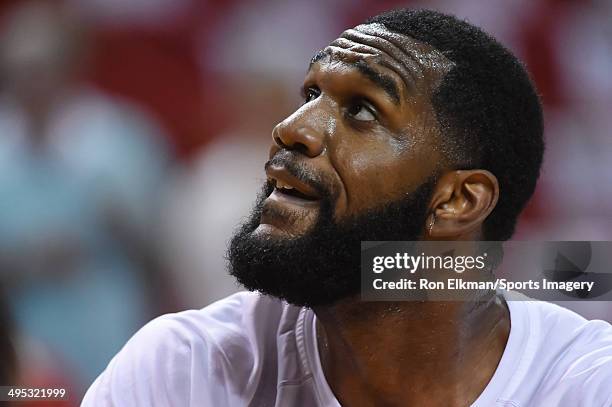 Greg Oden of the Miami Heat looks on prior to Game Six of the Eastern Conference Finals of the 2014 NBA Playoffs against the Indiana Pacers at...