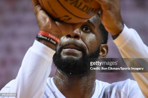 Greg Oden of the Miami Heat looks on prior to Game Six of the Eastern Conference Finals of the 2014 NBA Playoffs against the Indiana Pacers at...