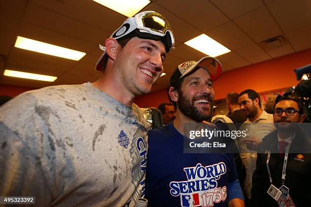 Actor Paul Rudd celebrrates in the clubhouse after the Kansas City Royals defeated the New York Mets to win Game Five of the 2015 World Series at...