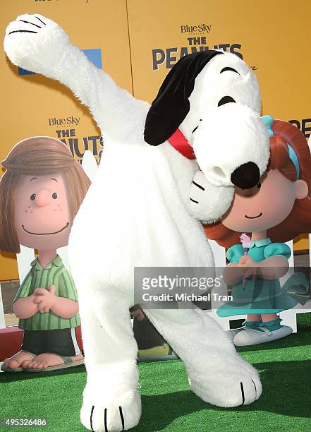 Snoopy arrives at the Los Angeles premiere of 20th Century Fox's "The Peanuts Movie" held at Regency Village Theatre on November 1, 2015 in Westwood,...
