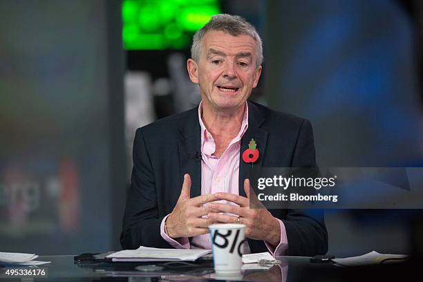 Michael O'Leary, chief executive officer of Ryanair Holdings Plc, gestures whilst speaking during a Bloomberg Television interview in London U.K. On...