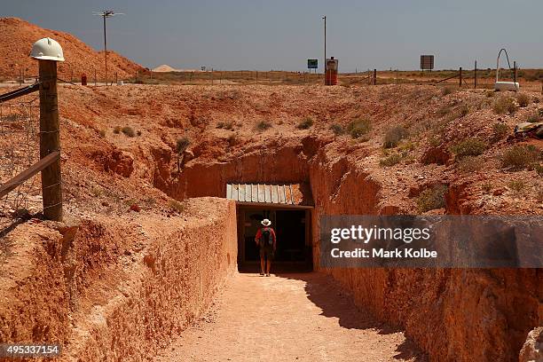 General view is seen of the entry into Tom's Working Opal Mine on October 22, 2015 in Coober Pedy, Australia. Tom's Working Opal Mine is an...