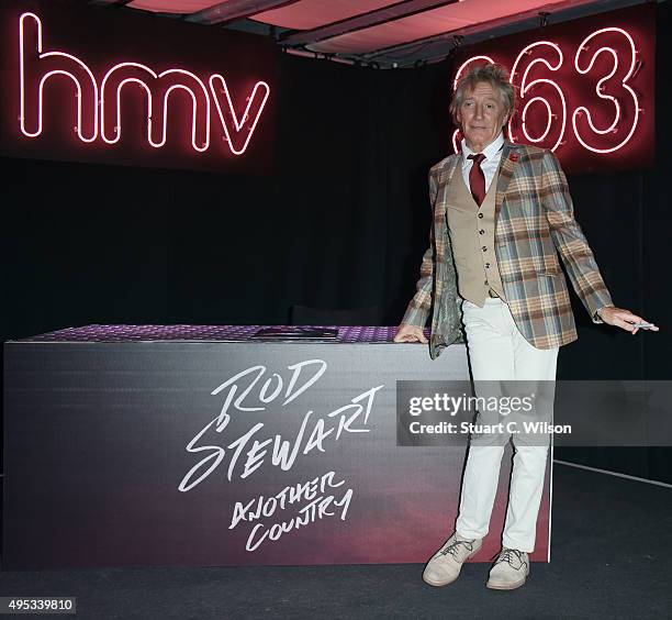 Rod Stewart poses for photographs prior to signing copies of his new album at HMV, Oxford Street on November 2, 2015 in London, England.