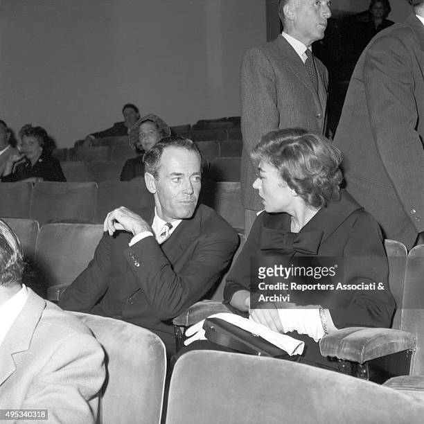 American actor Henry Fonda and his wife and Italian baroness Afdera Franchetti attending an opening night at Eliseo theatre in Rome. Rome, 1956