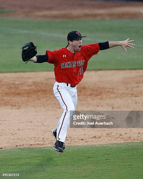 Cameron Smith of the Texas Tech Red Raiders celebrates after the final out against the Miami Hurricanes during the Coral Gables Regional at the NCAA...
